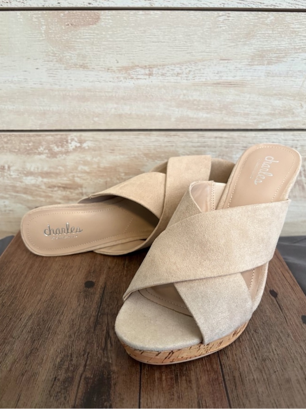 Charles By Charles David Cork Wedge Mules Nude Beige Crisscross Comfortable Sz 8